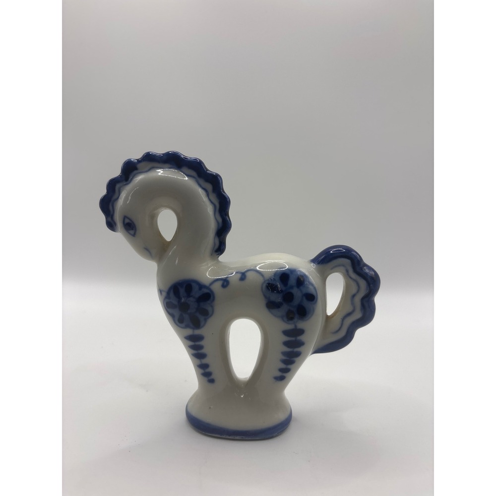 Vintage Gzhel Ceramic Horse Figurine Handpainted USSR Blue White Floral Pottery